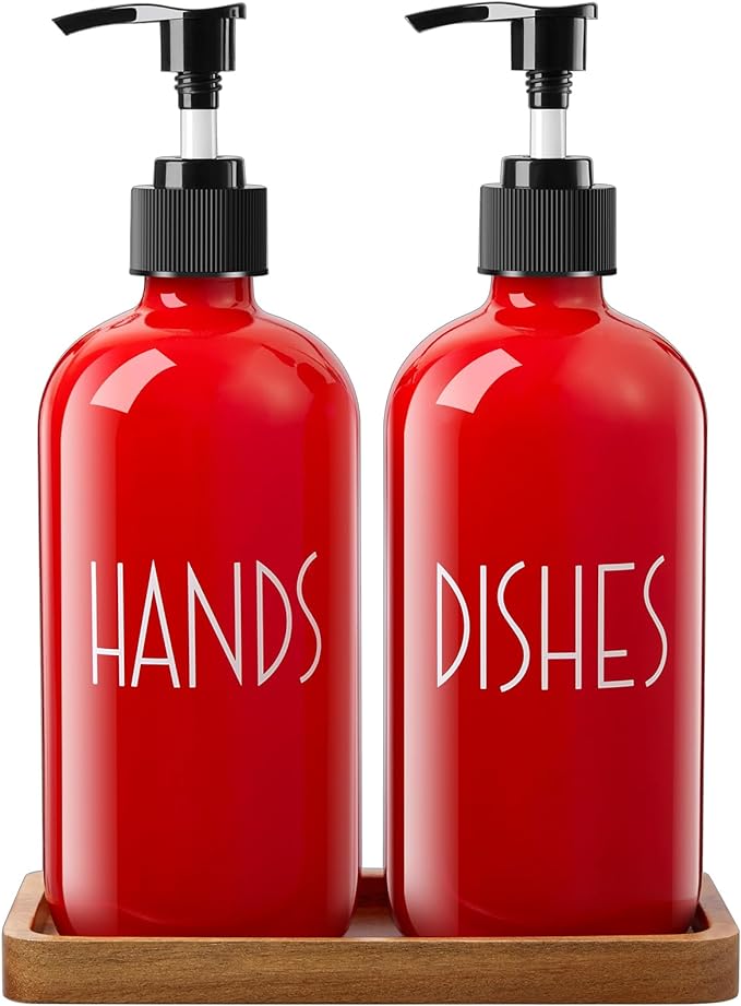 ALELION Red Dish Soap Dispenser for Kitchen - 16 OZ Glass Hand Soap Dispenser Set with Pump and Acacia Wood Tray - for Red Kitchen Decor or Accessories