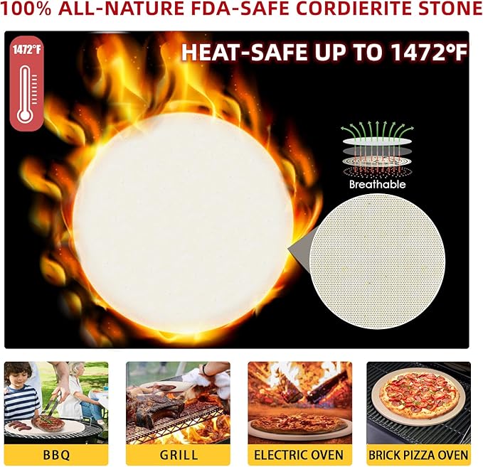 5 PCS Round Pizza Stone Set, 13" Pizza Stone for Oven and Grill with Pizza Peel(OAK),Serving Rack, Pizza Cutter & 10pcs Cooking Paper for Free, Baking Stone for Pizza, Bread (Pack of 2)
