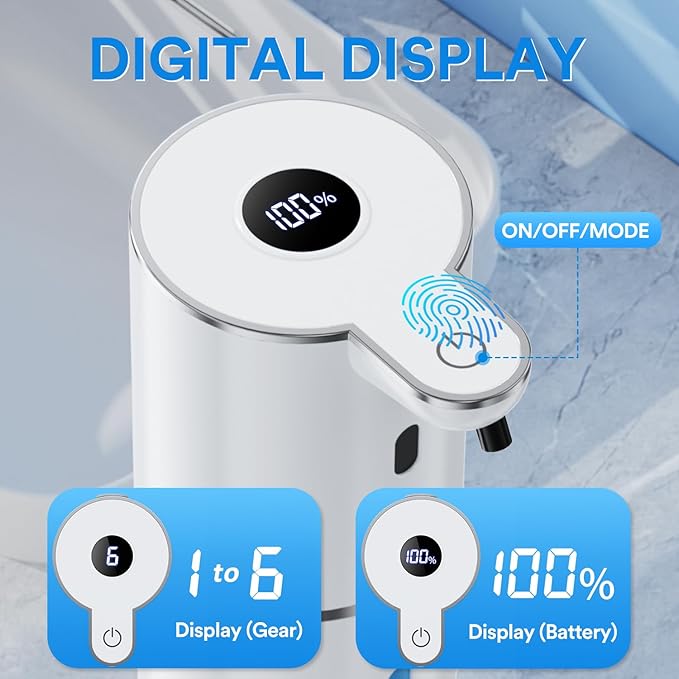 Automatic Foaming Soap Dispenser Touchless, Rechargeable Electric Hand ＆ Dish Soap Dispenser for Bathroom and Kitchen - Smart Digital Display, 6 Adjustable Level, 380ml, Wall Mounted, IPX5