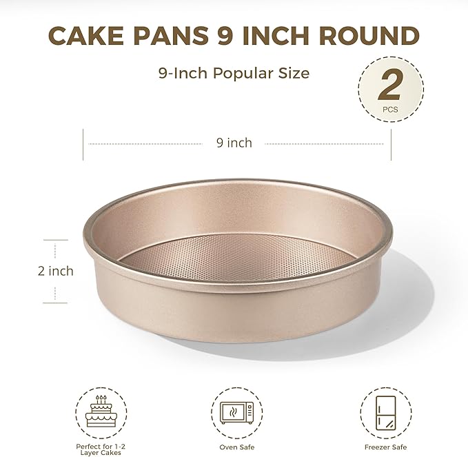 HONGBAKE Nonstick Ceramic 9 Inch Round Cake Pan Set of 2, Heavy-Duty Aluminized Steel round cake pans with Diamond Texture, Non-Toxic Cake Molds, Cake Pans Sets for Baking Cheesecake, Cream, Gold