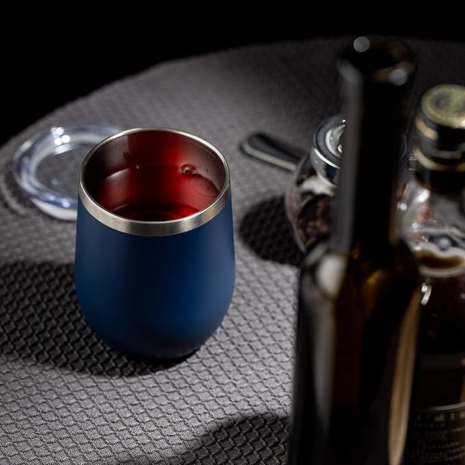 COMOOO 16 Pack Stainless Steel Wine Tumbler with Lid and Straw 12oz Double Wall Vacuum Insulated Wine Tumbler Cup Stemless for hot and Cold Drinks, Coffee, Wine, Cocktails, Navy