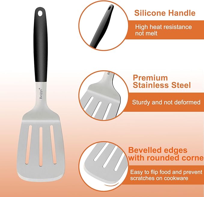 Beijiyi Stainless Steel Spatulas Set, Solid and Slotted Metal Turner Spatula for Cooking Cast Iron Skillet, Kitchen and Griddle Spatula with Full Tang Silicone Handle for Smash Burger, Pancake, Egg