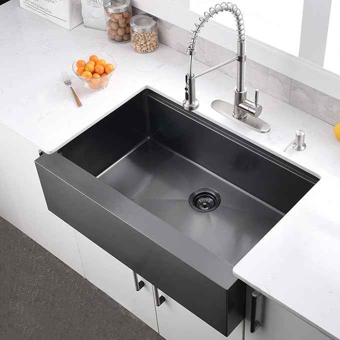 33 Inch Black Farmhouse Kitchen Sink Workstation - VOKIM 33x22 inch Flat Apron Front Farmhouse sink 16 Gauge Stainless Steel Single Bowl Farm Kitchen Sink