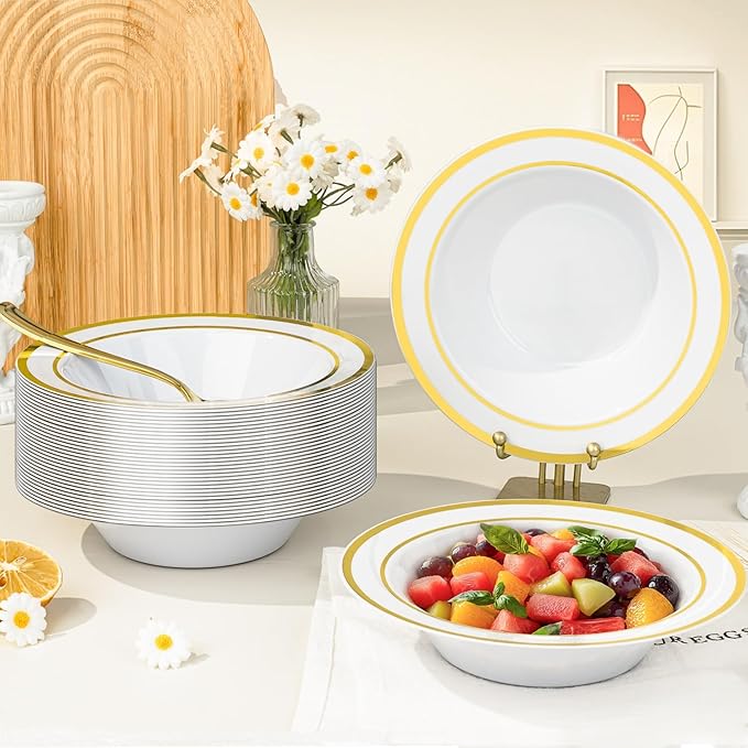 BESTVIP 200 Pack Plastic Bowls with Gold Rim, 12 Oz Disposable Bowls Disposable Bowls for Parties, Wedding, Christmas, Thanksgiving, Soak Proof Bowls for Breakfast, Lunch, and Dinner Meals