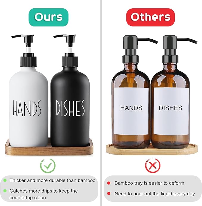 ALELION Glass Dish Soap Dispenser for Kitchen - 16 OZ Hand Soap Dispenser Set with Pump and Acacia Wood Tray - Black White Modern Farmhouse Kitchen Bathroom Decor and Accessories