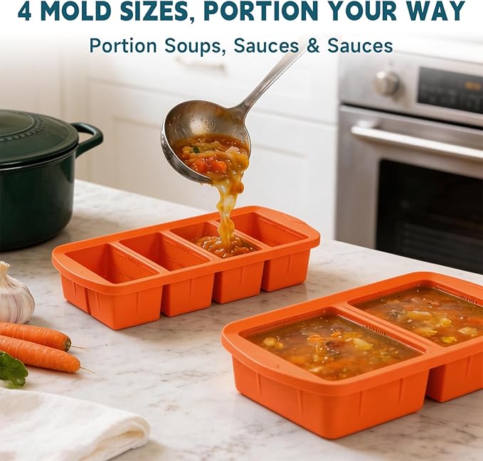 4 Pack Silicone Freezer Trays with Lid - Multi-Size 1-Cup & 2-Cup Portions, Food-Grade Silicone Freezer Molds for Soup & Meal Prep - Large Freezer Storage Containers, Oven & Dishwasher Safe - Orange