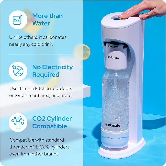Drinkmate OmniFizz Sparkling Water Maker & Soda Streaming Machine | Carbonates Any Drink | BPA-Free Bottle | No Batteries or Electricity Required | CO2 Not Included (Classic White)