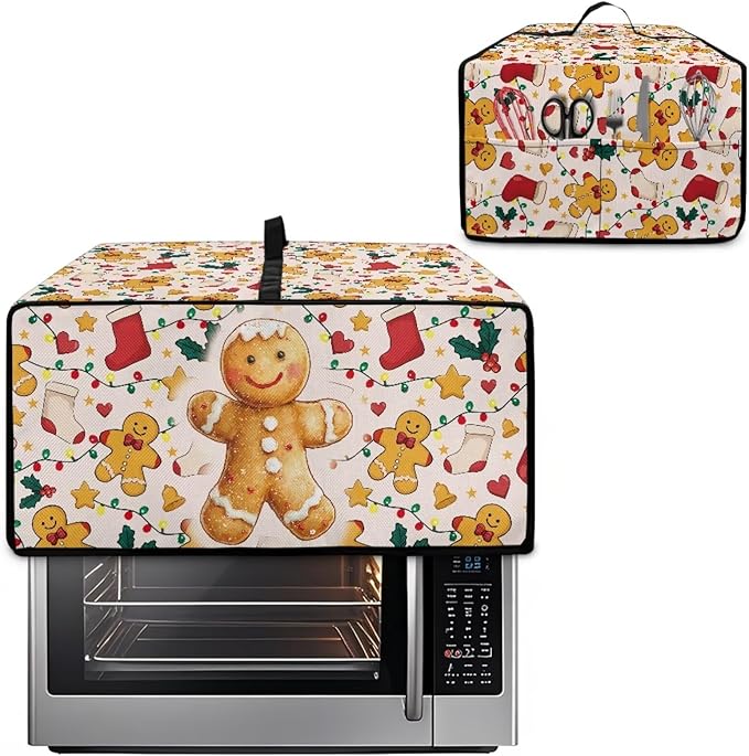 Countertop Convection Oven Cover Dust-Proof Toaster Oven Cover with Accessories Pockets, Countertop Convection Oven Protector, L, Gingerbread Man Christmas String Lights