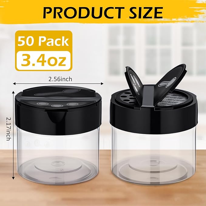 50 Pack 3.4 oz Plastic Spice Jars with Black Cap Empty Clear Spice Bottles Containers Seasoning Jars with Shaker Lids for Storing Herbs and Seasoning Powders Kitchen Restaurant Storage