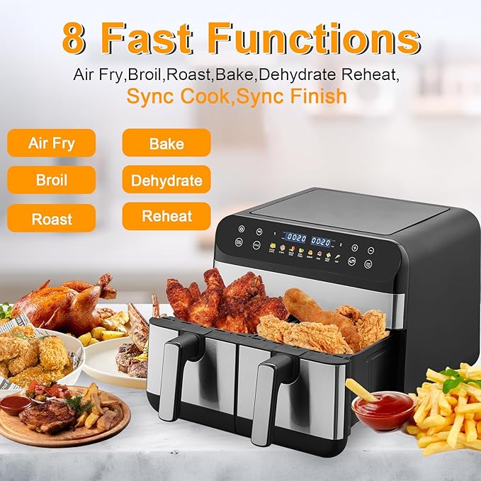 9.5 Quart 8-in-1 DualZone 2-Basket Air Fryer with 2 Independent Frying Baskets, Match Cook & Smart Finish to Roast, Broil, Dehydrate & More for Quick, Easy Meals, Black