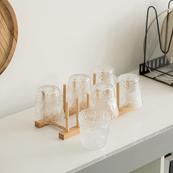 Set of 2 Bamboo Wooden Dish Drainer Rack, Plate Rack, and Drying Drainer (6 Grid)