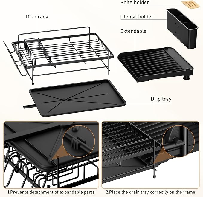 Large Dish Drying Rack, Multifunctional Dish Rack for Kitchen Counter, Expandable Dish Drainers with Drainboard Utensil Holder, Cup Holder, Black