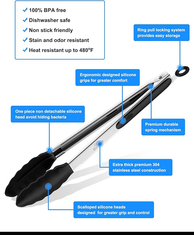 600ºF Heat Resistant Kitchen Tongs, Premium Locking Cooking Tongs with Silicone Tips, Non-Slip Food Tongs for Cooking, Non-Stick, Heavy Duty Stainless Steel Handle, Set of 3-7" 9" and 12" Black