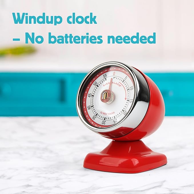 Kikkerland Vintage Streamline Timer – Retro Decor for Home & Kitchen – Windup Timekeeper in Red