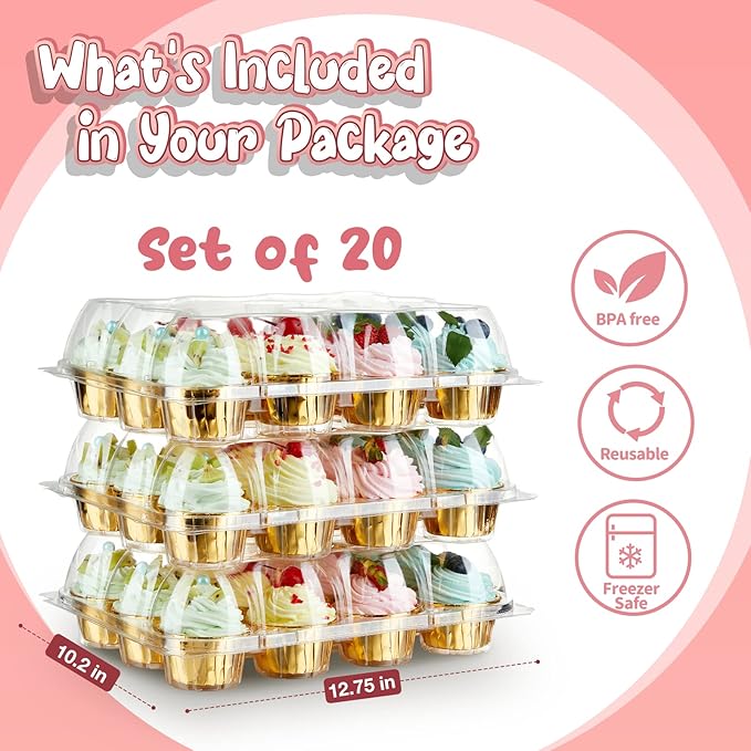 Gencywe (12 Pack x 20 Sets) Stackable Cupcake Carrier with 240 Pack Liners, Plastic Cupcake Boxes Holders for 12 Cupcakes, High Tall Dome Lid Cupcake Containers, Clear Disposable Cupcake Trays