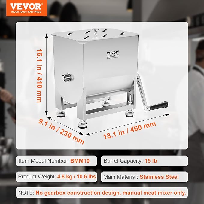 VEVOR Manual Meat Mixer, 15 Pound Capacity Tank Meat Processing Equipment, Stainless Steel Meat Mixer, Sausage Mixer Machine with Lid and Handle, Ground Beef Hand Mixer, Silver(Manual Only)