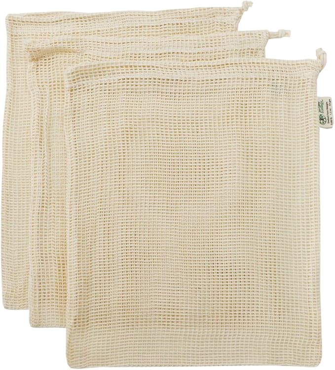 Simple Ecology Reusable Produce Shopping and Storage Bags, Drawstring, Washable Organic Cotton Mesh, Large 3 pack