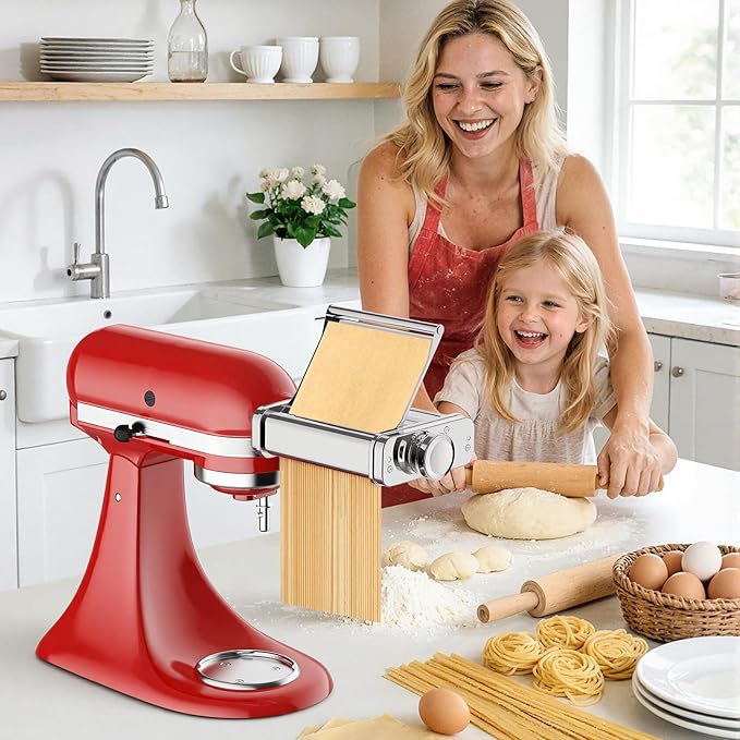 Stainless Steel Pasta Attachment for KitchenAid Stand Mixer, 3-in-1 Pasta Maker with Pasta Roller, Spaghetti & Fettuccine Cutters, Food-Grade KitchenAid Pasta Attachment for Homemade Noodles