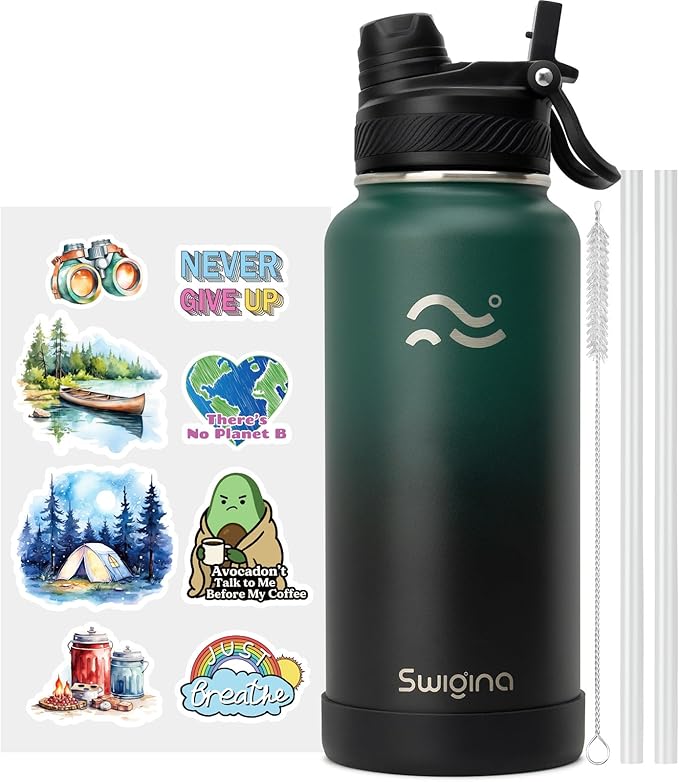 Swigina Insulated Water Bottle with Silicone Boot (36hrs Cold/18hrs Hot) - DIY Stickers, [2-in-1 Lid], BPA Free, 32 oz