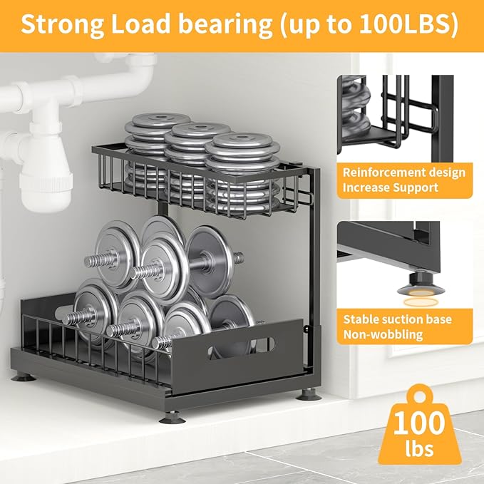 Saydear Under Sink Organizer Storage 2-Tier Premium Metal Pull-Out Kitchen Cabinet Organizer with Sliding Drawer, Height Adjustable, Heavy Duty for Kitchen & Bathroom Organizers 1 Pack Black