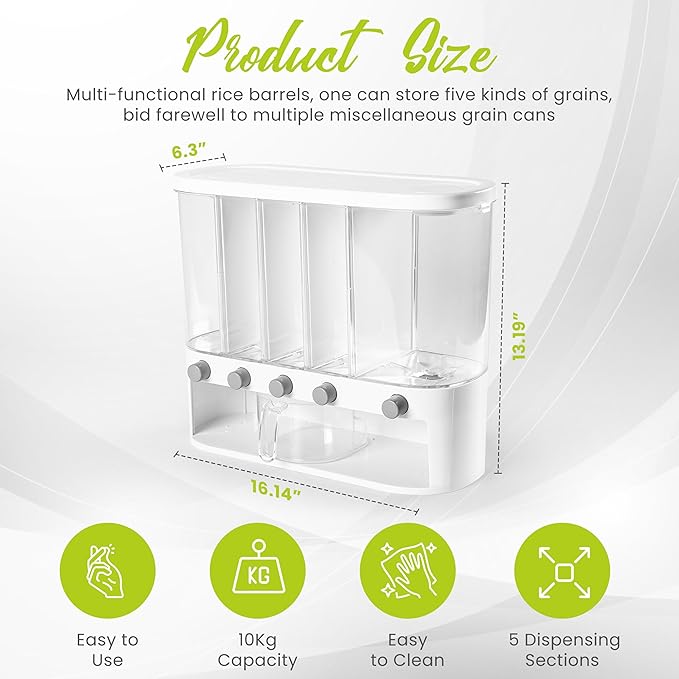Wall Mounted Dry Food Dispenser with Individual Containers and Removable Walls for Rice, Beans, small grains, Lentils for Pantry and Kitchen Storage with Measuring Cup – 5 Grids