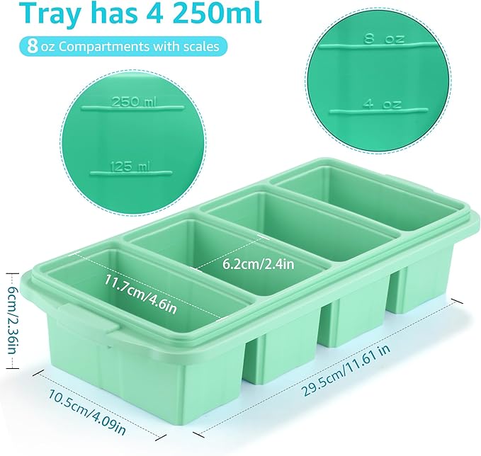 Ztomine Silicone Freezer Tray With Lid - Silicone Freezer Food Molds- Large Ice Cube Tray,Silicone Freezer Container,Freeze & Store Soup, Sauce, Broth,Leftovers - Makes 4 Perfect 1 Cup