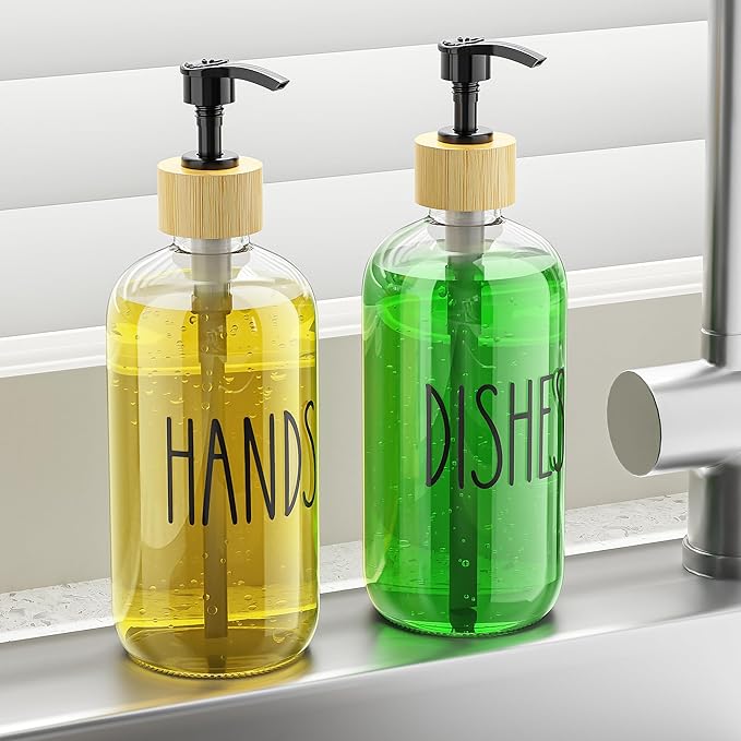 Cisily Dish Soap Dispenser Set with 2 Pack 16.9oz Clear Glass Bottle, Dish Soap Dispensers, Vintage Hand and Dish Soap Dispensers Set