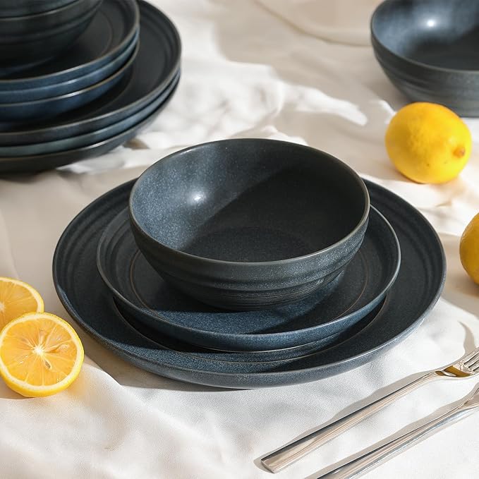 Stone Lain Elio 12-Piece Dinnerware Set Stoneware, Plates and Bowls Set, Dish Set for 4, Blue