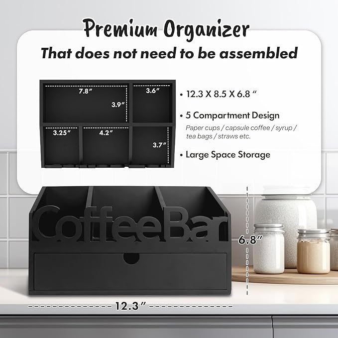 Coffee Bar Organizer for Countertop - Wooden Coffee Organizer Condiment Station, Coffee Station Organizer for Home & Office, K Cup Stand for Counter, Tea Box - Black Drawer Type