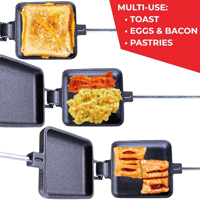 Pie Iron Set – Large Cast Iron Sandwich Maker for Camping, 3-Piece Camp Pie Cooker, Campfire Grilling & Outdoor Cooking Equipment