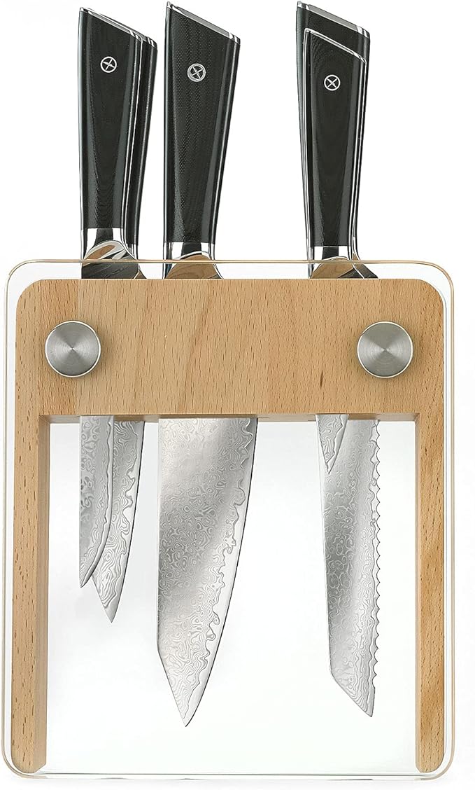 Mercer Culinary Premium Grade Super Steel 6-Piece Knife Set with Glass/Wood Block Stand, G10 Handles