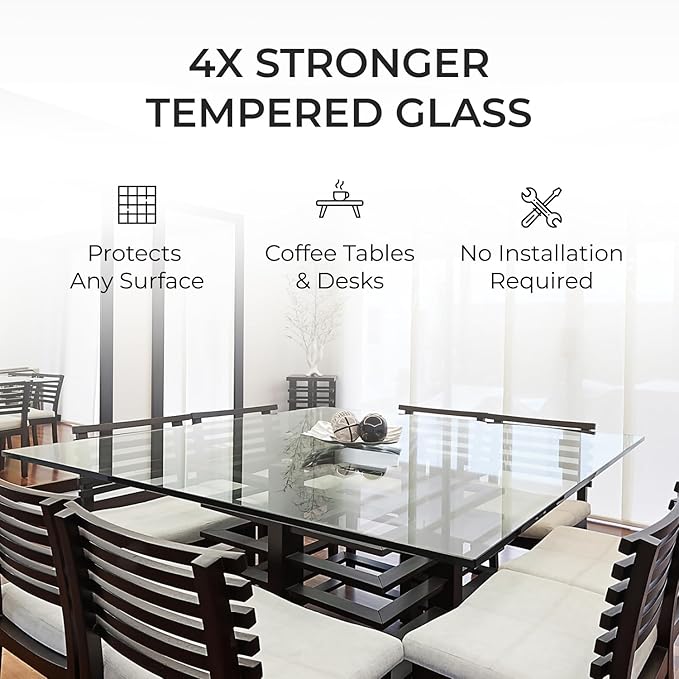 Fab Glass and Mirror Tempered Glass Table Top Custom Cut Rectangle 1/4" Thick Clear Furniture Protector with Flat Polish Edge Eased Corners for Coffee Dining Tables Desks