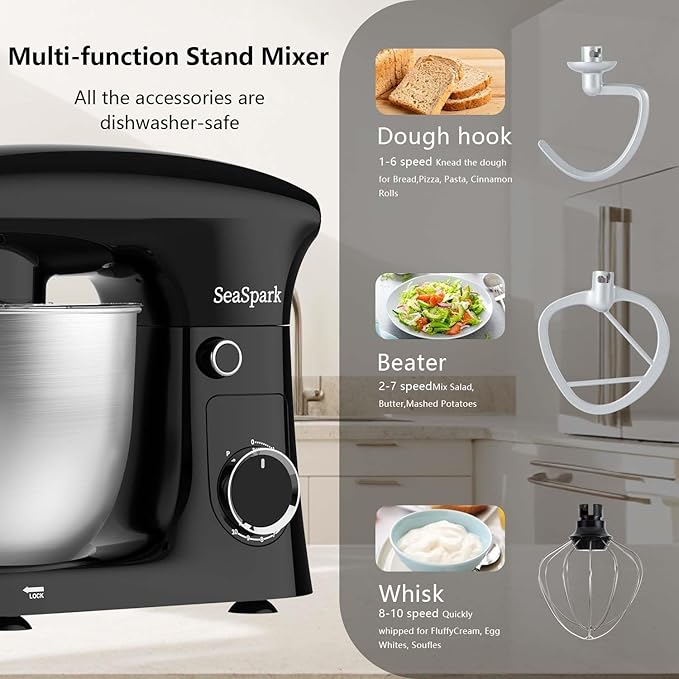 Stand Mixer, 3 in 1 Stand Mixer, 5.5Qt Electric Mixer, Mixer with Stainless Dough Hook, Wire Whip & Beater, Food Mixer for Baking, Cake and Most Home Cooks, Black