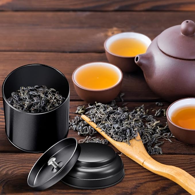 Meanplan 12 Pcs Tea Tin Canister with Airtight Double Lids Round Tin Can Box Small Kitchen Tea Canister Loose Leaf Storage Containers for Loose Bags Coffee Sugar Candy Spices(Black,8 oz)