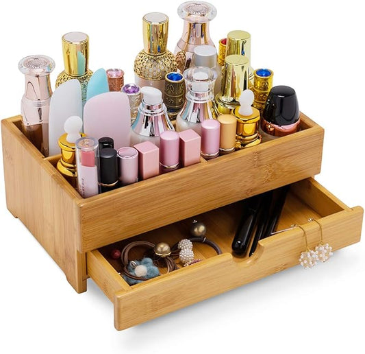 GOBAM Makeup Storage Drawer Organizer Bamboo Wood Cosmetic Display Box, Large Capacity Bathroom Beauty Countertop Organizer, Great for Bathroom Dresser