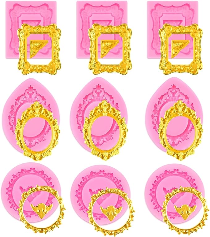 9 PCS Picture Frame Fondant Silicone Molds Frame Chocolate Silicone Molds Vintage Style Photo Frame Moulds for Cake Decorating Cupcake Topper Chocolate Candy Polymer Clay
