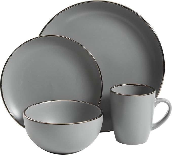 Gibson Home Rockaway 16-Piece Round Stoneware Dinnerware Set, Service for 4 – Grey with Gold Rim Plates and Bowls, Microwave & Dishwasher Safe