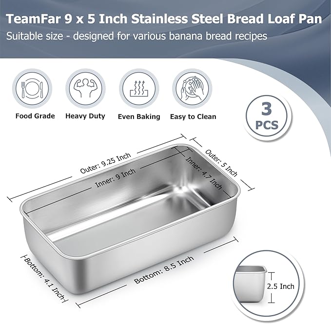TeamFar Loaf Pan Set of 3, 9 x 5 Inch Bread Loaf Meatloaf Pan Stainless Steel for Baking Bread Cake Toast Brownies, Healthy & Sturdy, Oven & Dishwasher Safe