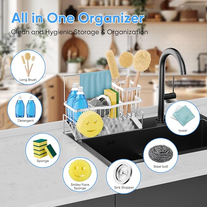 Sponge Holder for Kitchen Sink 304 Stainless Steel Self-Draining Sink Caddy with Smiley Face Sponge and Brush Holder Towel Bar and Divider Kitchen Gadgets Organizer for Countertop, Silver