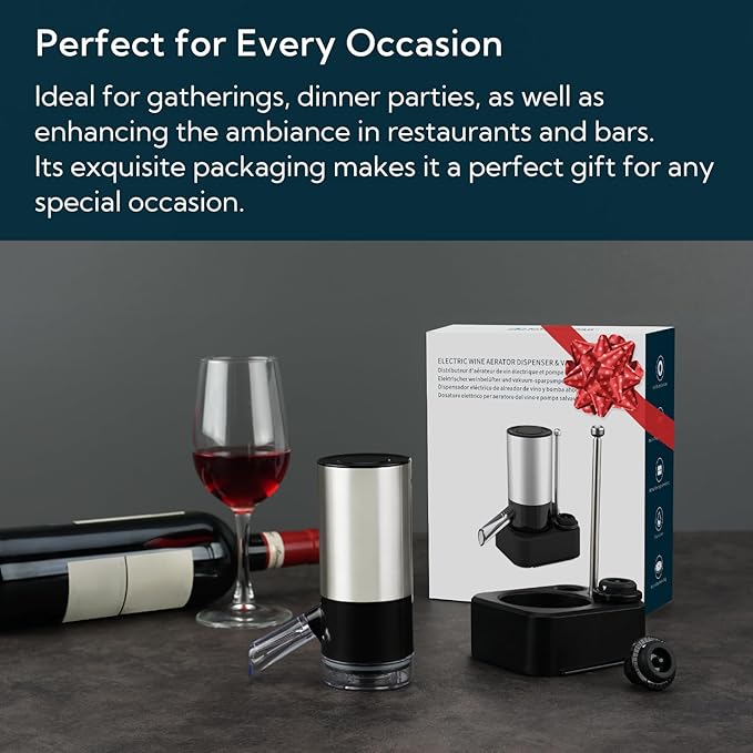 KITCHENDAO Rechargeable Electric Wine Aerator Dispenser and Wine Saver Pump, Built-in Sound Indicator, Automatic Wine Pourer with USB-C Cable, Storage Base and 2 Stoppers, Ideal Gift for Wine Lovers