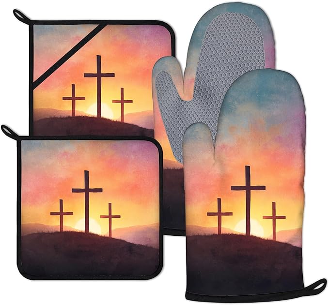 Christian Blessed Cross Sunset Oven Mitts and Pot Holders Sets 4Pcs Silicone Non-Slip Mitts Heat Resistant Gloves Hot Pads for Kitchen Cooking Baking Grilling BBQ