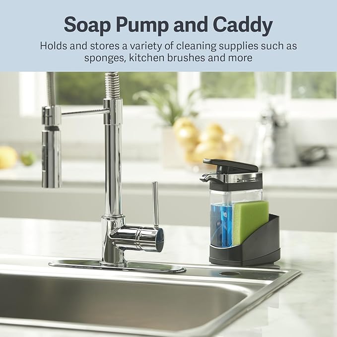 Casabella Sink Sider Solo Kitchen Soap Pump and Sponge Caddy, Black/Chrome - 2-in-1 Soap and Sponge Caddy, One-Hand Soap Dispensing, Easy to Refill and Clean, Efficient Size (Pack of 6)