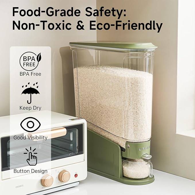 Rice Dispenser 11Lbs, Slim Rice Storage Container for Small Space, BPA-Free Clear Dry Food Dispenser Sealed Moisture Proof, Grain&Cereal Storage Bucket for Kitchen Pantry Household,Green