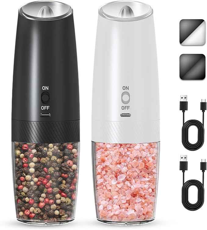 Rechargeable Salt And Pepper Grinder Set, Gravity Electric Salt And Pepper Grinder Set Electric, Salt And Pepper Shakers Set Electric, Adjustable Coarseness, LED Light, (Black+White)