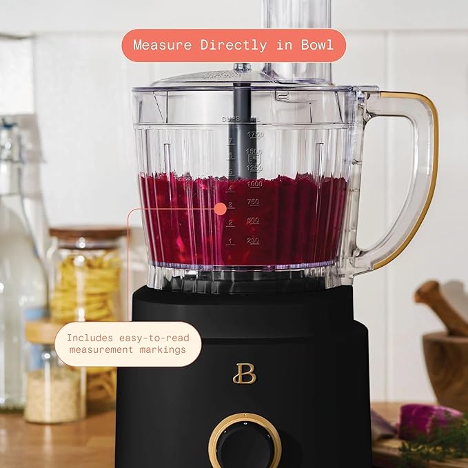 Beautiful by Drew Barrymore 10-Cup Food Processor, 500-Watts, Variable Speed, Pulse, 3" Wide Feed Tube, Stainless Steel Blades, Dishwasher Safe, Large Bowl, Accessories Included (Black Seaseme)