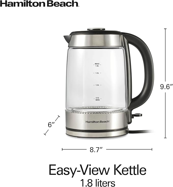 Hamilton Beach Electric Tea Kettle, Water Boiler & Heater, 1.8 Liter, Cordless Serving, 1500 Watts for Fast Boiling, Auto-Shutoff and Boil-Dry Protection, Easy-View Glass (40853C)
