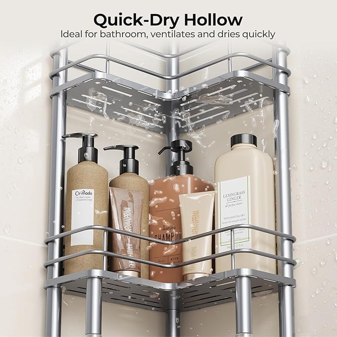 Orimade Rustproof 4 Tier Floor Standing Corner Shower Caddy Organizer with Toothbrush Holder, Large Spacing Floor Shower Shelf Rack Storage Stands with Hooks for Bathroom Kitchen, Silver