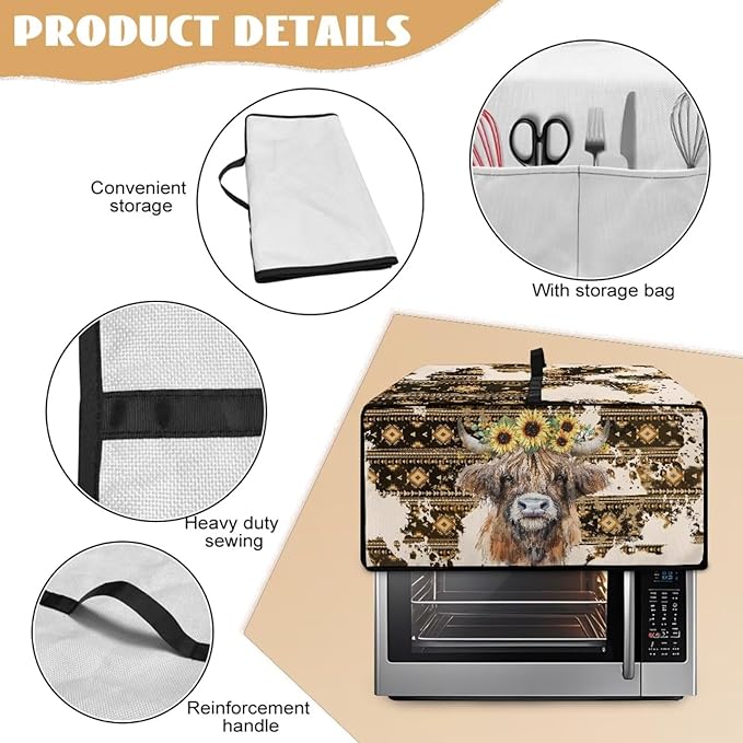 Convection Toaster Oven Cover with Pockets, Easy to Clean, Smart Microwave Baking Oven Dust Cover for Countertop, L, Aztec Highland Cow Sunflower Tribal Pattern