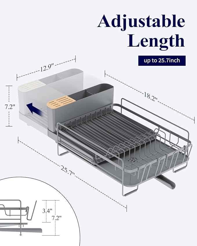 Kitsure Extendable Dish Drying Rack, Large Drying Dish Rack with Cutlery & Cup Holders, Multifunctional Dish Racks for Counter with Drainage, 18.2"-25.7" L x 12.9" W, Grey