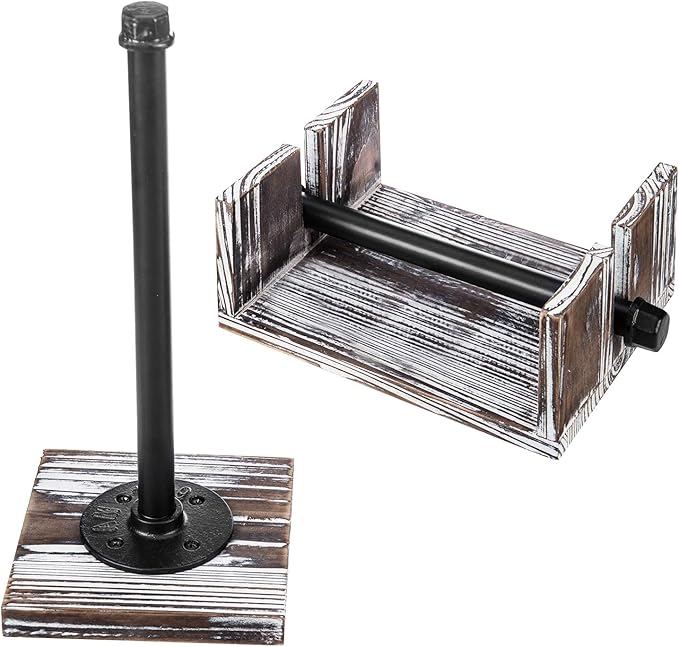 MyGift Paper Towel and Napkin Holder Set, Countertop Torched Wood and Industrial Metal Paper Towel Holder and Flat Napkin Holder with Weighted Arm